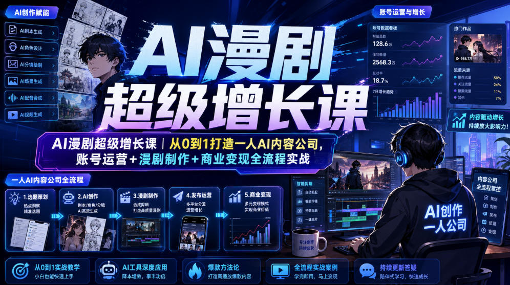 AI漫剧超级增长课|从0到1打造一人AI内容公司,账号运营+漫剧制作+商业变现全流程实战-朽念云创