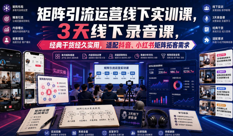 嗨推矩阵引流运营线下实训课，3天线下录音课，经典干货经久实用，适配抖音、小红书矩阵拓客需求-朽念云创
