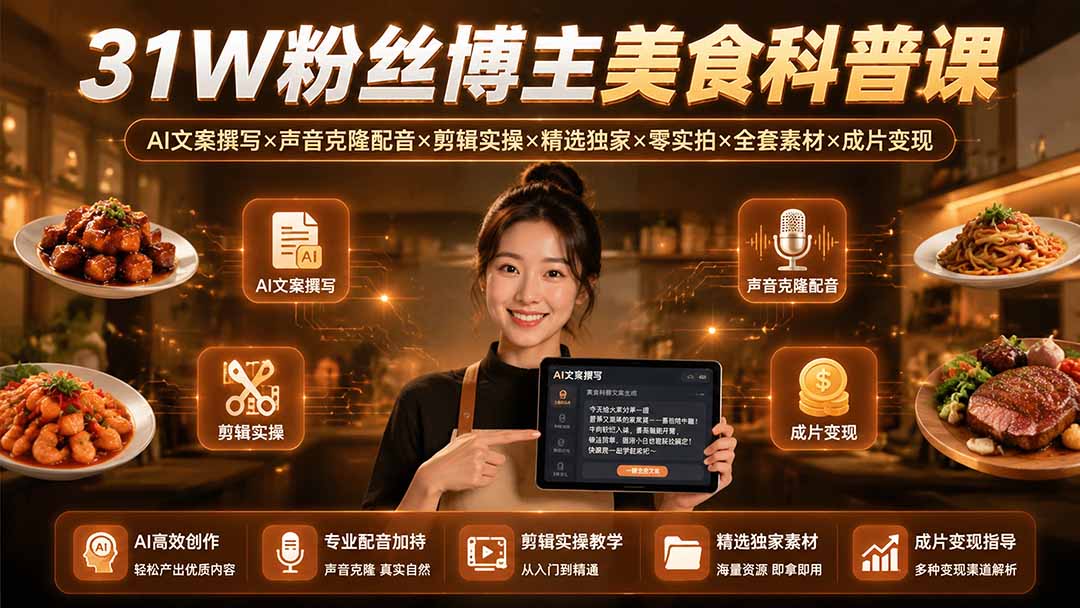 31W粉丝博主美食科普课：AI文案撰写×声音克隆配音×剪辑实操×精选独家×零实拍×全套素材×成片变现-朽念云创