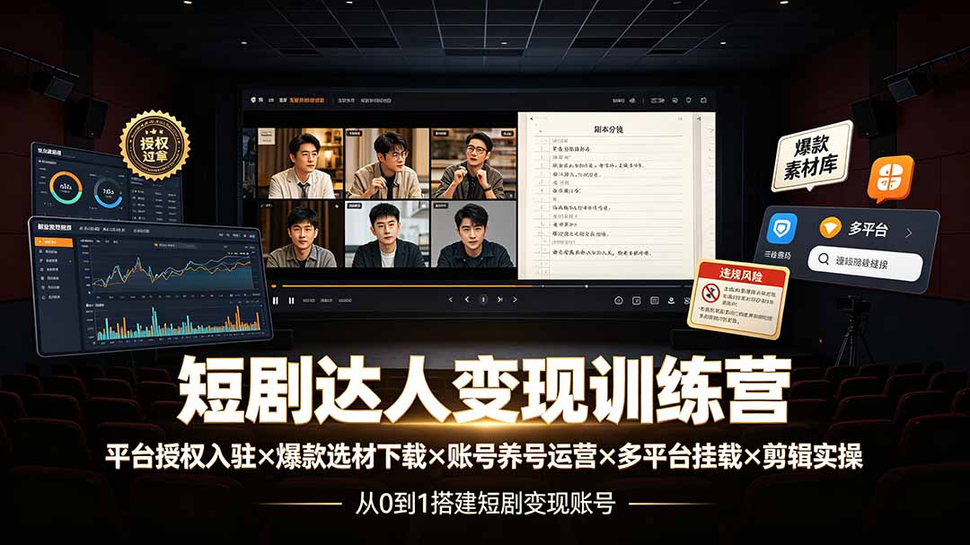 短剧达人变现训练营:平台授权入驻×爆款选材下载×账号养号运营×多平台挂载×剪辑实操×违规处理全流程-朽念云创