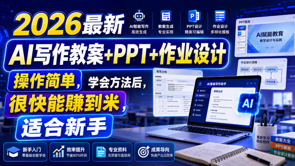 2026最新AI写作教案+PPT+作业设计，操作简单，学会方法后，很快能賺到米，适合新手-朽念云创