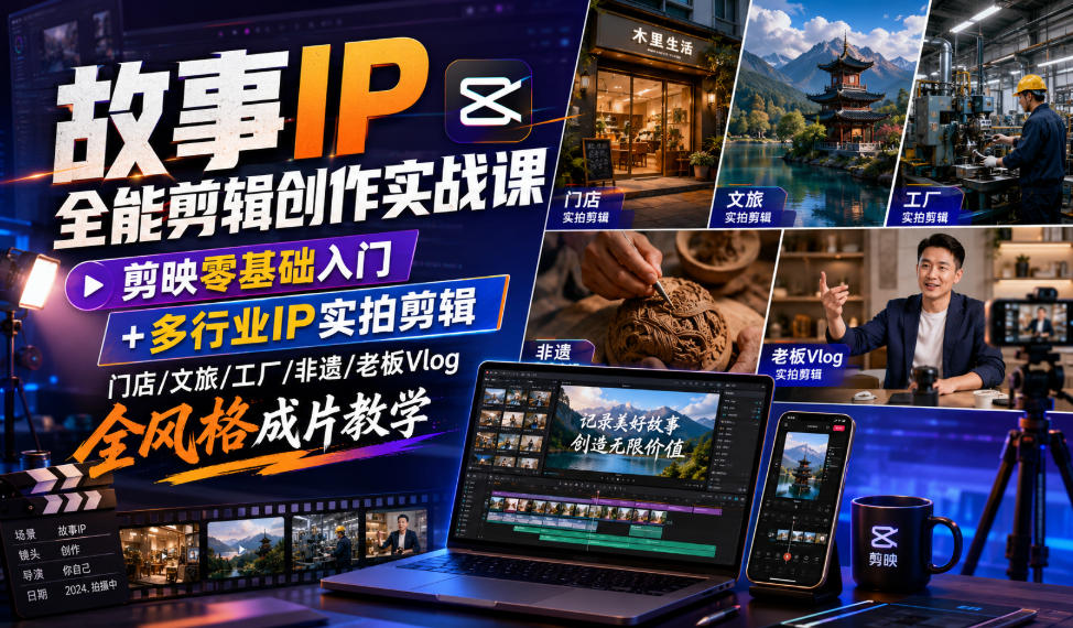 故事IP全能剪辑创作实战课｜剪映零基础入门+多行业IP实拍剪辑，门店/文旅/工厂/非遗/老板Vlog全风格成片教学-朽念云创