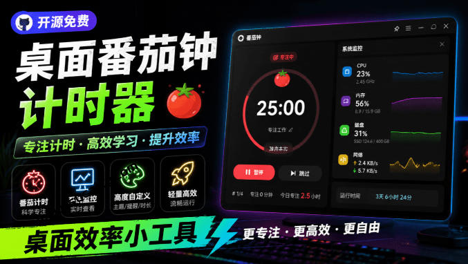 仅1.16MB，开源极简的桌面时钟、番茄钟计时器，还支持系统监控显示，桌面效率小工具Catime-朽念云创