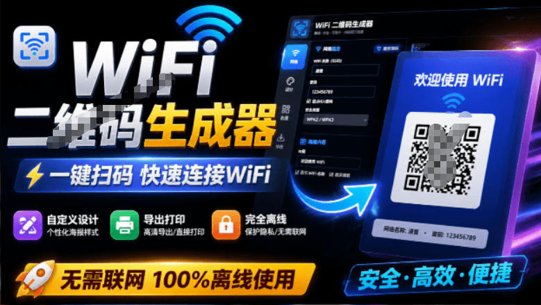 完全离线使用！WiFi二维码生成器，一键扫码快速连接WiFi，支持自定义风格导出WiFi二维码生成器-朽念云创