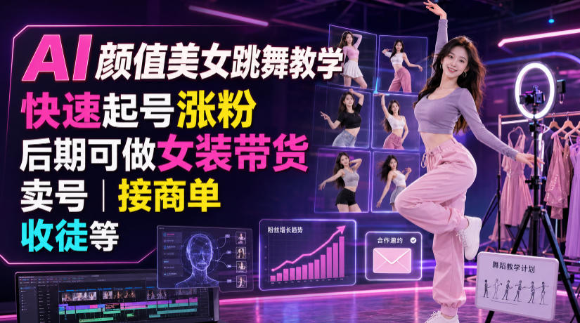 AI颜值美女跳舞教学,快速起号涨粉,后期可做女装带货,卖号,接商单,收徒等-朽念云创