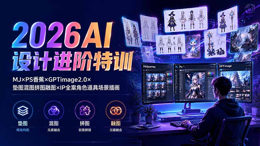 2026AI设计进阶特训：MJ×PS香蕉×GPTimage2.0×垫图混图拼图融图×IP全案角色道具场景插画-朽念云创
