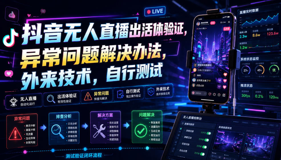 抖音无人直播出活体验证，异常问题解决办法，外来技术，自行测试-朽念云创