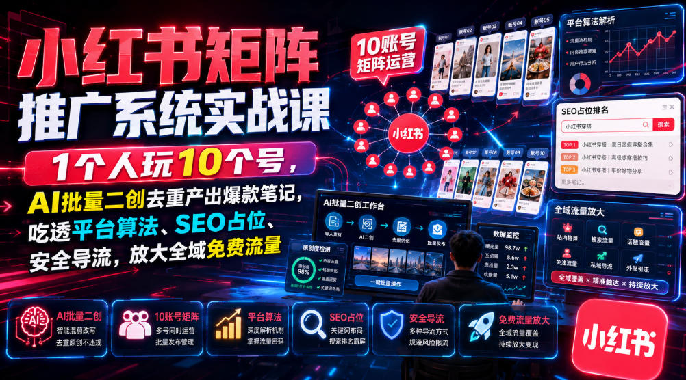 小红书矩阵推广系统实战课｜1个人玩10个号，AI批量二创去重产出爆款笔记，吃透平台算法、SEO占位、安全导流，放大全域免费流量-朽念云创
