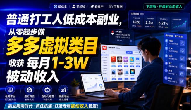 普通打工人低成本副业，从零起步做多多虚拟类目，收获每月1-3W被动收入【揭秘】-朽念云创