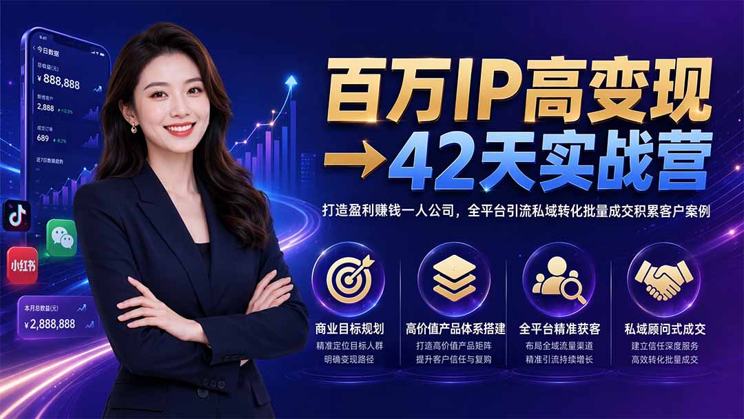 百万IP高变现→42天实战营｜打造盈利赚钱一人公司，全平台引流私域转化批量成交积累客户案例-朽念云创