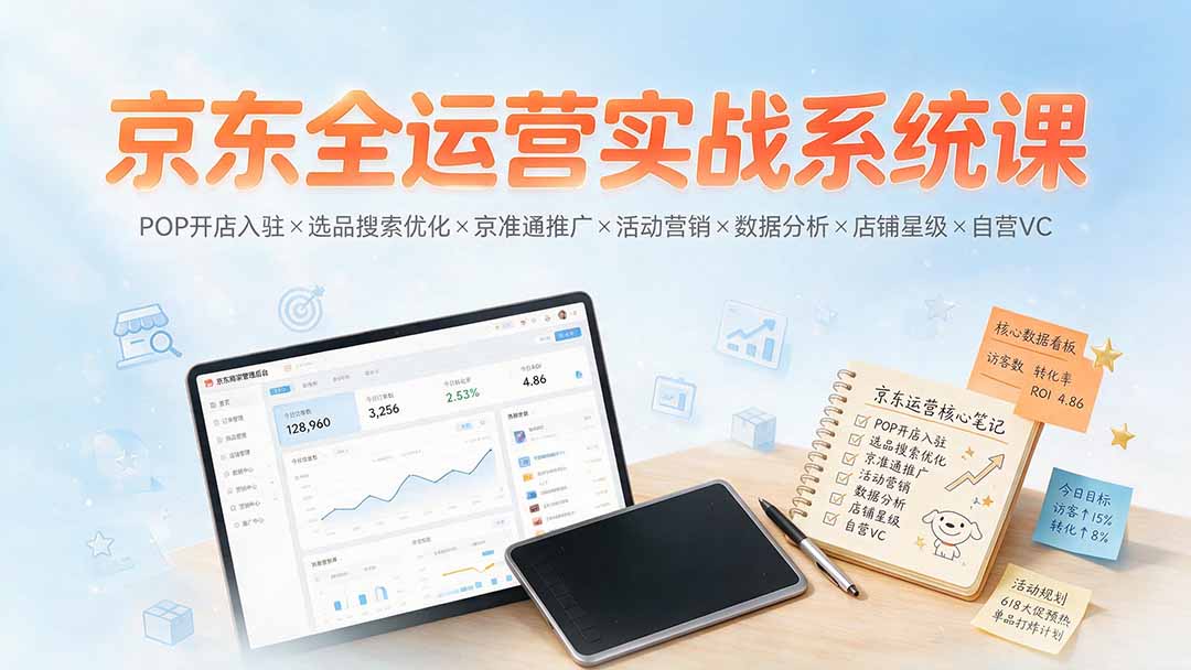 京东全运营实战系统课：POP开店入驻×选品搜索优化×京准通推广×活动营销×数据分析×店铺星级×自营VC-朽念云创