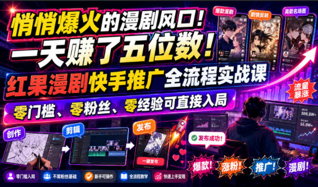 悄悄爆火的漫剧风口！一天賺了五位数！红果漫剧快手推广全流程实战课，零门槛、零粉丝、零经验可直接入局-朽念云创