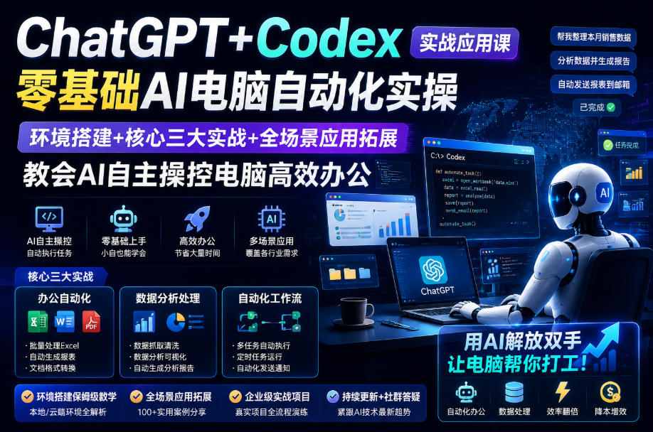 ChatGPT+Codex实战应用课｜零基础AI电脑自动化实操，环境搭建+核心三大实战+全场景应用拓展，教会AI自主操控电脑高效办公-朽念云创