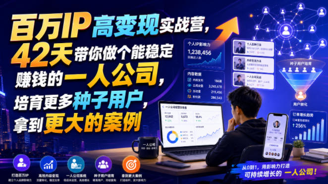 百万IP高变现实战营，42天带你做个能稳定賺钱的一人公司，培育更多种子用户，拿到更大的案例-朽念云创