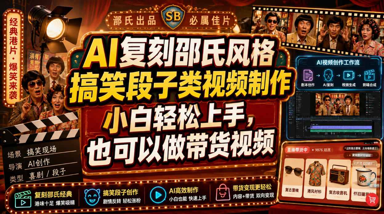 AI复刻邵氏风格搞笑段子类视频制作，小白轻松上手，也可以做带货视频-朽念云创
