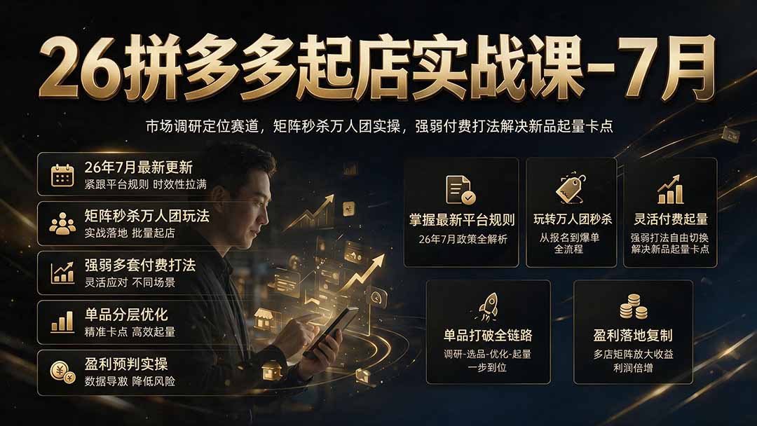 26拼多多起店实战课-7月｜市场调研定位赛道，矩阵秒杀万人团实操，强弱付费打法解决新品起量卡点-朽念云创