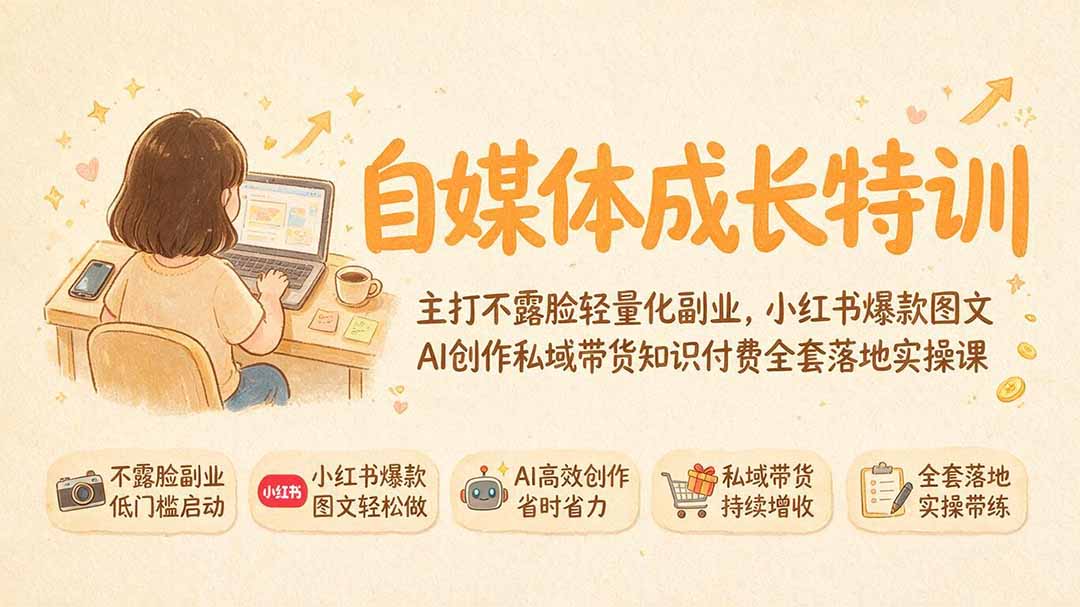 自媒体成长特训｜主打不露脸轻量化副业，小红书爆款图文AI创作私域带货知识付费全套落地实操课-朽念云创