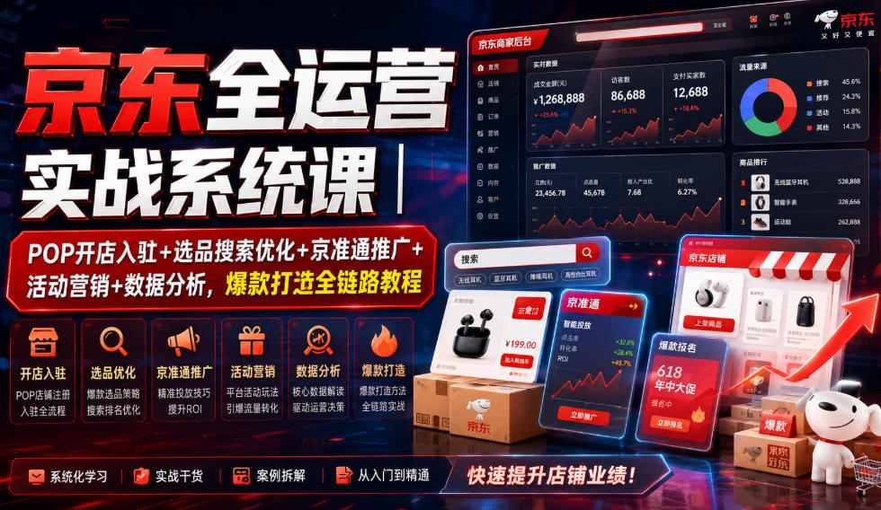 京东全运营实战系统课｜POP开店入驻+选品搜索优化+京准通推广+活动营销+数据分析，爆款打造全链路教程-朽念云创