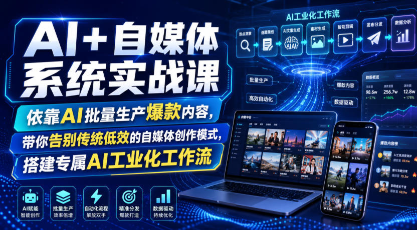 AI+自媒体系统实战课，依靠AI批量生产爆款内容，带你告别传统低效的自媒体创作模式，搭建专属AI工业化工作流-朽念云创