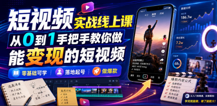 短视频实战线上课，从0到1手把手教你做能变现的短视频，零基础可学，落地起号做爆款-朽念云创