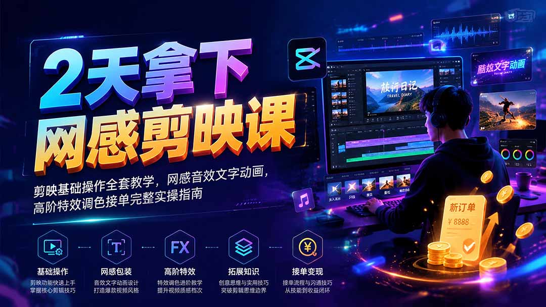 2天拿下网感剪辑课｜剪映基础操作全套教学，网感音效文字动画，高阶特效调色接单完整实操指南-朽念云创