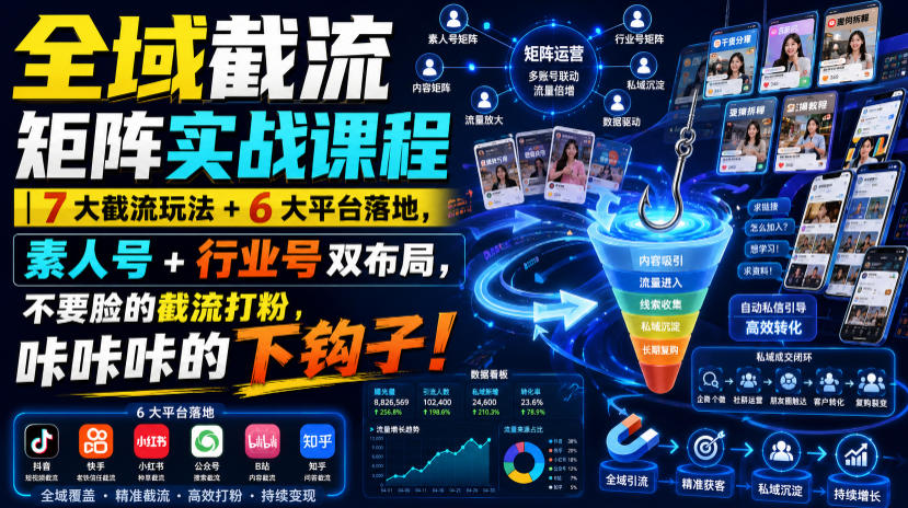 全域截流矩阵实战课程｜7大截流玩法+6大平台落地，素人号+行业号双布局，不要脸的截流打粉，咔咔咔的下钩子！-朽念云创
