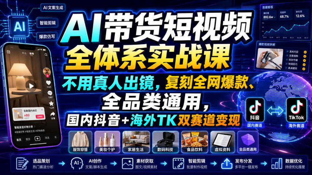 AI带货短视频全体系实战课，不用真人出镜，复刻全网爆款、全品类通用，国内抖音+海外TK双赛道变现-朽念云创