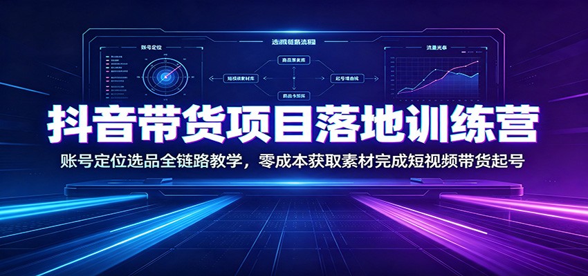 抖音带货项目落地训练营：账号定位选品全链路教学，零成本获取素材完成短视频带货起号-朽念云创