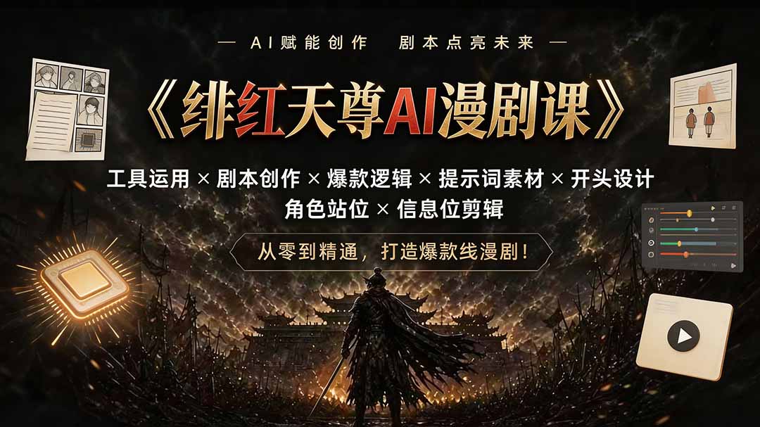 绯红天尊AI漫剧课｜工具运用×剧本创作×爆款逻辑×提示词素材×开头设计×角色站位×信息位剪辑-朽念云创