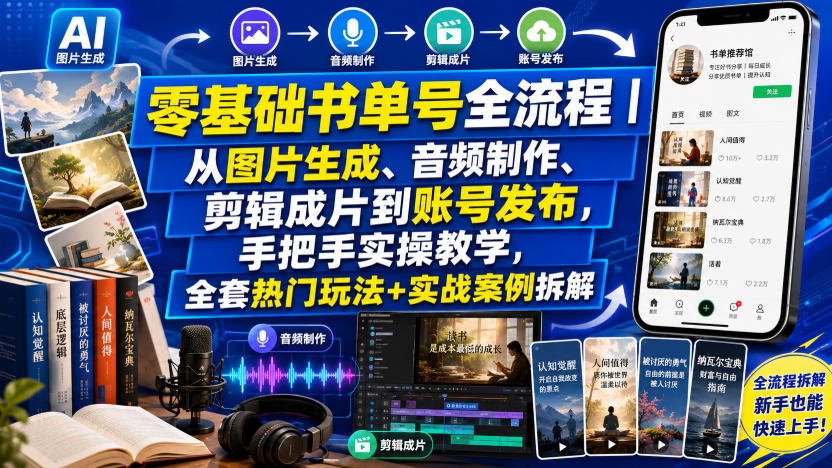 零基础书单号全流程｜从图片生成、音频制作、剪辑成片到账号发布，手把手实操教学，全套热门玩法+实战案例拆解-朽念云创