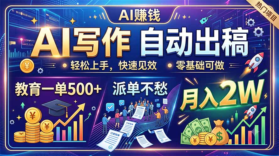 AI写作自动出稿，教育一单500+，派单不愁，月入2W-朽念云创