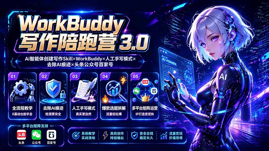 WorkBuddy写作陪跑营3.0-更新:Ai智能体创建写作Skill×WorkBuddy×人工手写模式×去除AI痕迹×头条公众号百家号-朽念云创