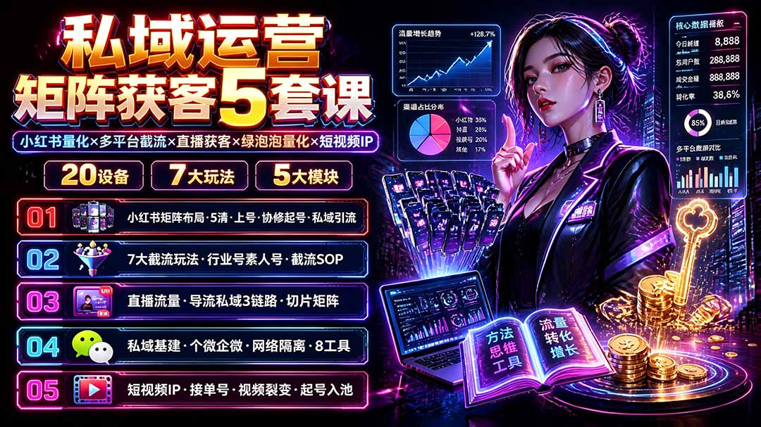 私域运营矩阵获客5套课:小红书量化×多平台截流×直播获客×绿泡泡量化×短视频IP×20设备×7大玩法-朽念云创