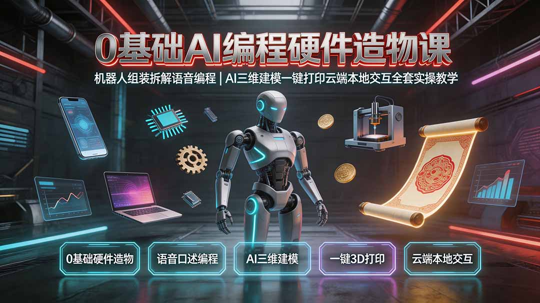 0基础AI编程硬件造物课|机器人组装拆解语音编程,AI三维建模一键打印云端本地交互全套实操教学-朽念云创