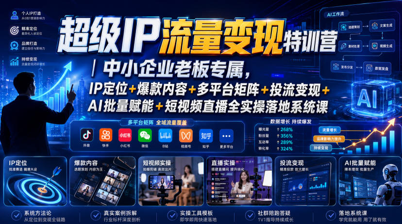超级IP流量变现特训营|中小企业老板专属,IP定位+爆款内容+多平台矩阵+投流变现+AI批量赋能+短视频直播全实操落地系统课-朽念云创