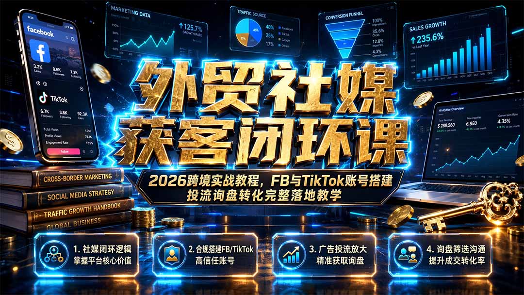 外贸社媒获客闭环课|2026跨境实战教程,FB与TikTok账号搭建投流询盘转化完整落地教学-朽念云创