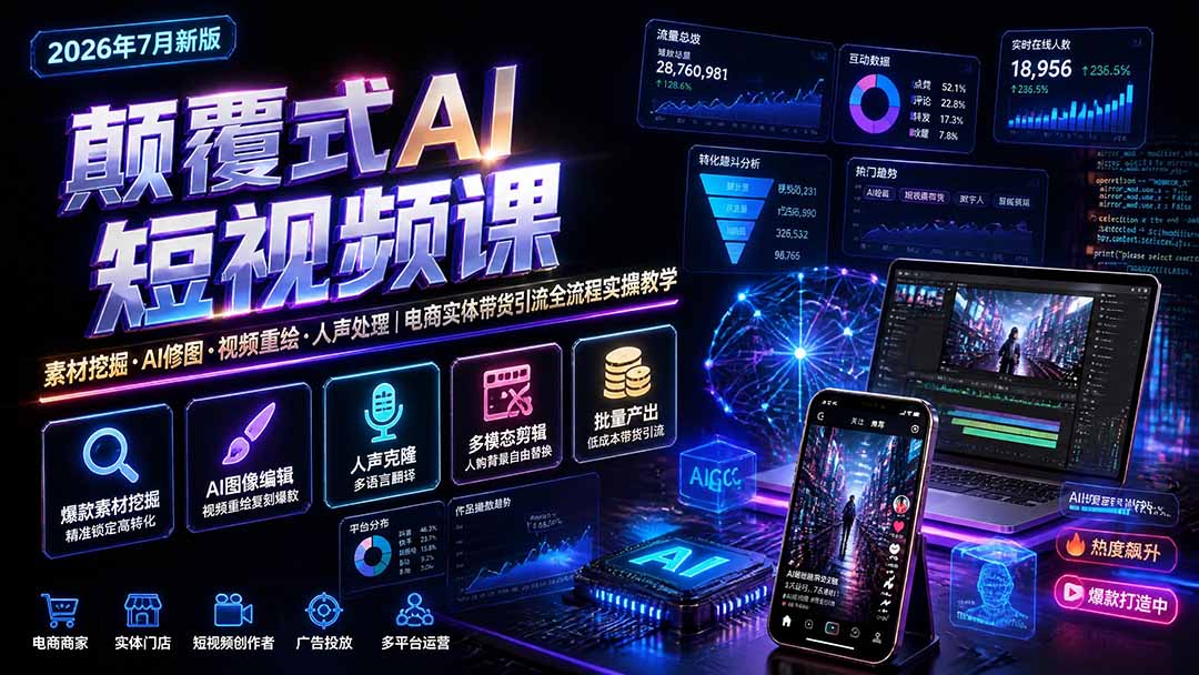 颠覆式AI短视频课｜素材挖掘，AI修图，视频重绘，人声处理｜电商实体带货引流全流程实操教学-朽念云创