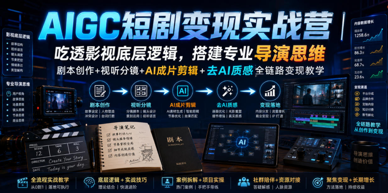 AIGC短剧变现实战营｜吃透影视底层逻辑，搭建专业导演思维，剧本创作+视听分镜+AI成片剪辑+去AI质感全链路变现教学-朽念云创