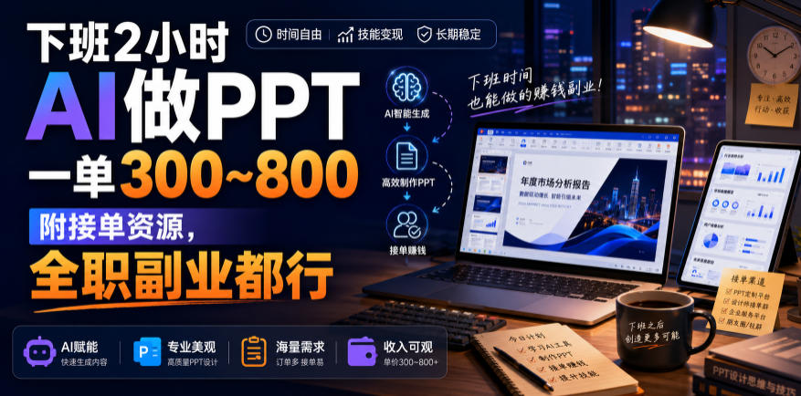 下班2小时AI做PPT，一单300~800，附接单资源，全职副业都行【揭秘】-朽念云创