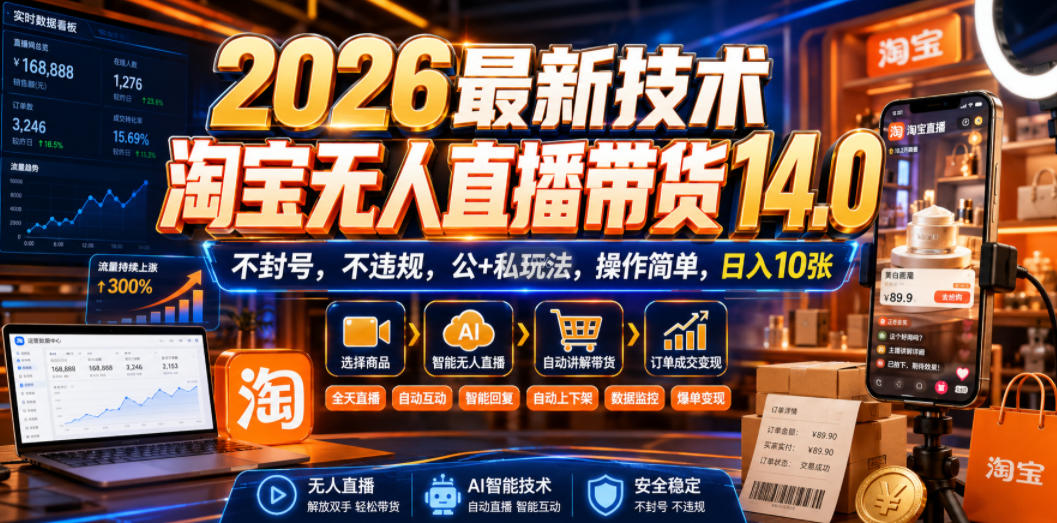 2026最新技术，淘宝无人直播带货14.0，不封号，不违规，公+私玩法，操作简单，日入10张【揭秘】-朽念云创