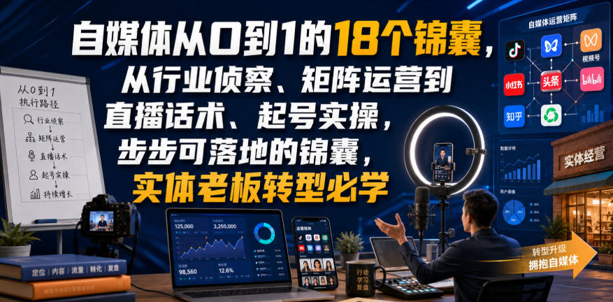 自媒体从0到1的18个锦囊，从行业侦察、矩阵运营到直播话术、起号实操，步步可落地的锦囊，实体老板转型必学-朽念云创