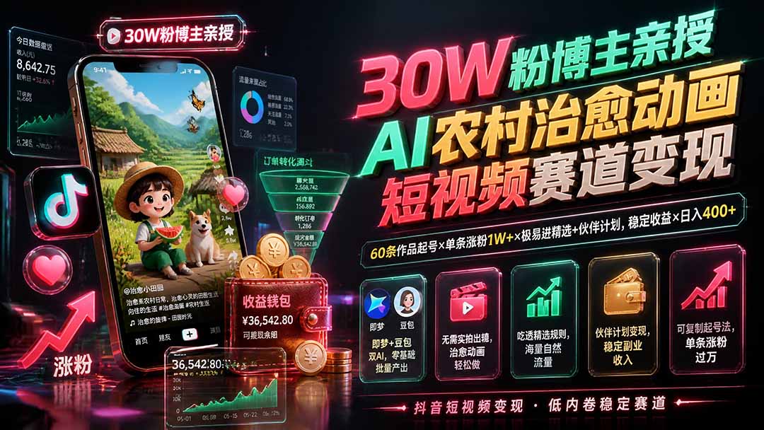 30W粉博主亲授AI农村治愈动画短视频赛道变现:60条作品起号×单条涨粉1W+×极易进精选+伙伴计划,稳定收益×日入400+-朽念云创