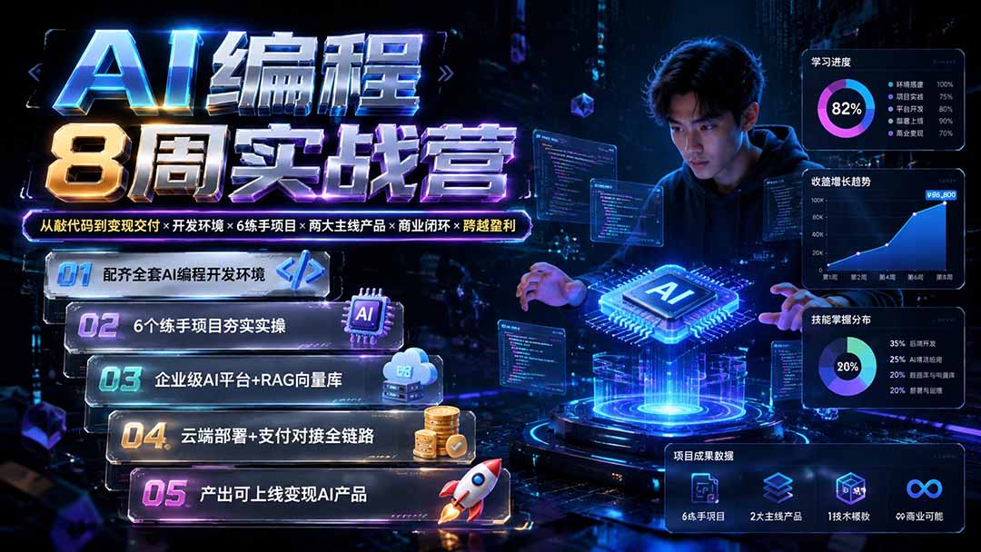 AI编程8周实战营:从敲代码到变现交付×开发环境×6练手项目×两大主线产品×商业闭环×跨越盈利-朽念云创
