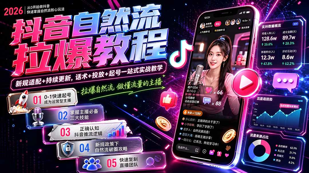 抖音自然流拉爆教程-更新7月:做懂流量的主播,新规适配+持续更新,话术+投放+起号一站式实战教学-朽念云创