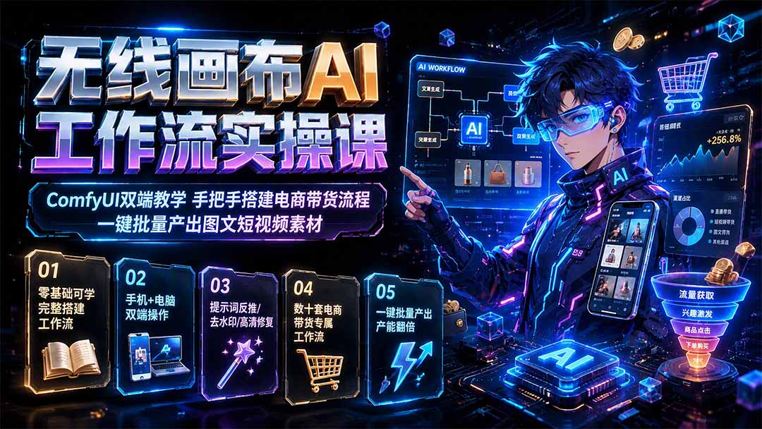 无线画布AI工作流实操课|ComfyUI双端教学,手把手搭建电商带货流程,一键批量产出图文短视频素材-朽念云创