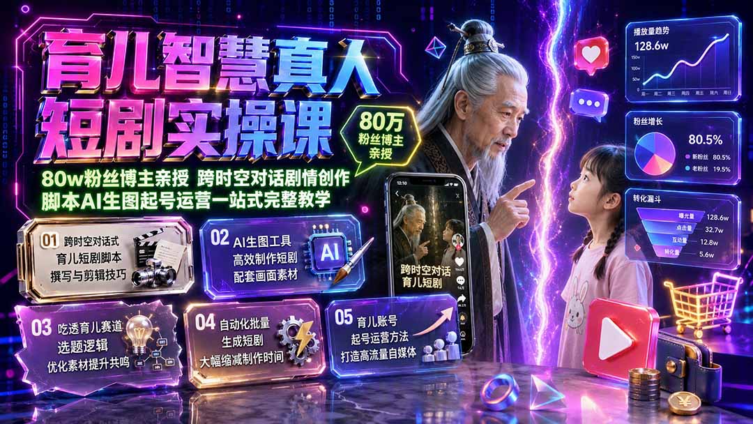 育儿智慧真人短剧实操课｜80w粉丝博主亲授，跨时空对话剧情创作，脚本AI生图起号运营一站式完整教学-朽念云创