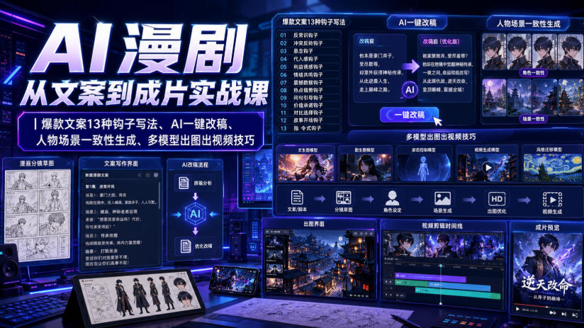 AI漫剧从文案到成片实战课｜爆款文案13种钩子写法、AI一键改稿、人物场景一致性生成、多模型出图出视频技巧-朽念云创