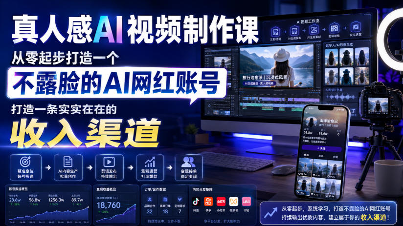 真人感AI视频制作课，从零起步打造一个不露脸的AI网红账号，打造一条实实在在的收入渠道【原创双语字幕】-朽念云创