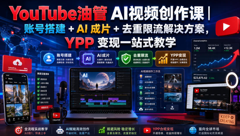 YouTube油管AI视频创作课｜账号搭建+AI成片+去重限流解决方案，YPP变现一站式教学-朽念云创