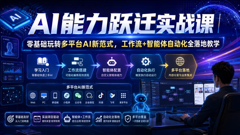AI能力跃迁实战课|零基础玩转多平台AI新范式,工作流+智能体自动化全落地教学-朽念云创